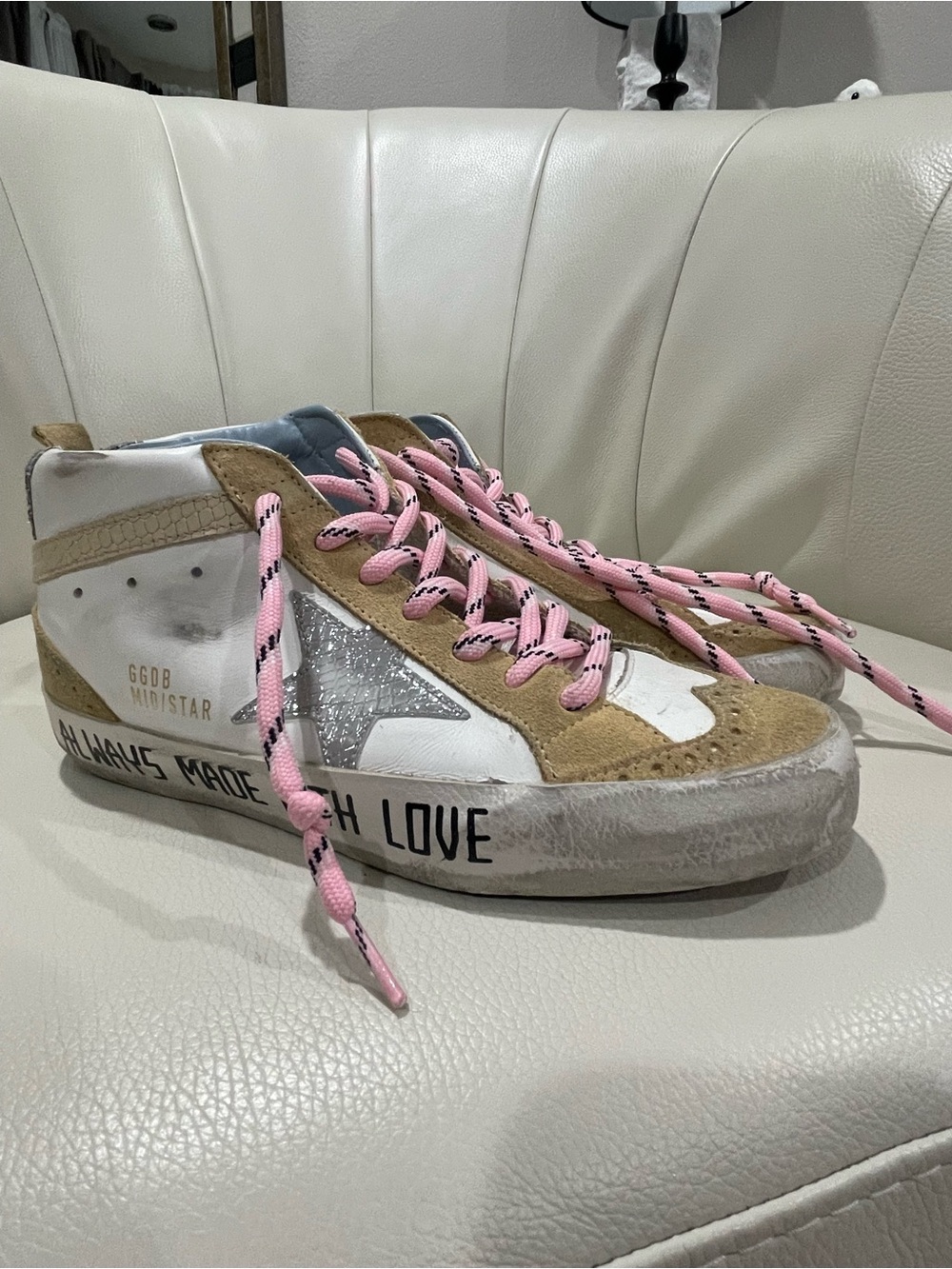Golden Goose White High-Top Sneakers with Pink Laces - Picture 2 of 9